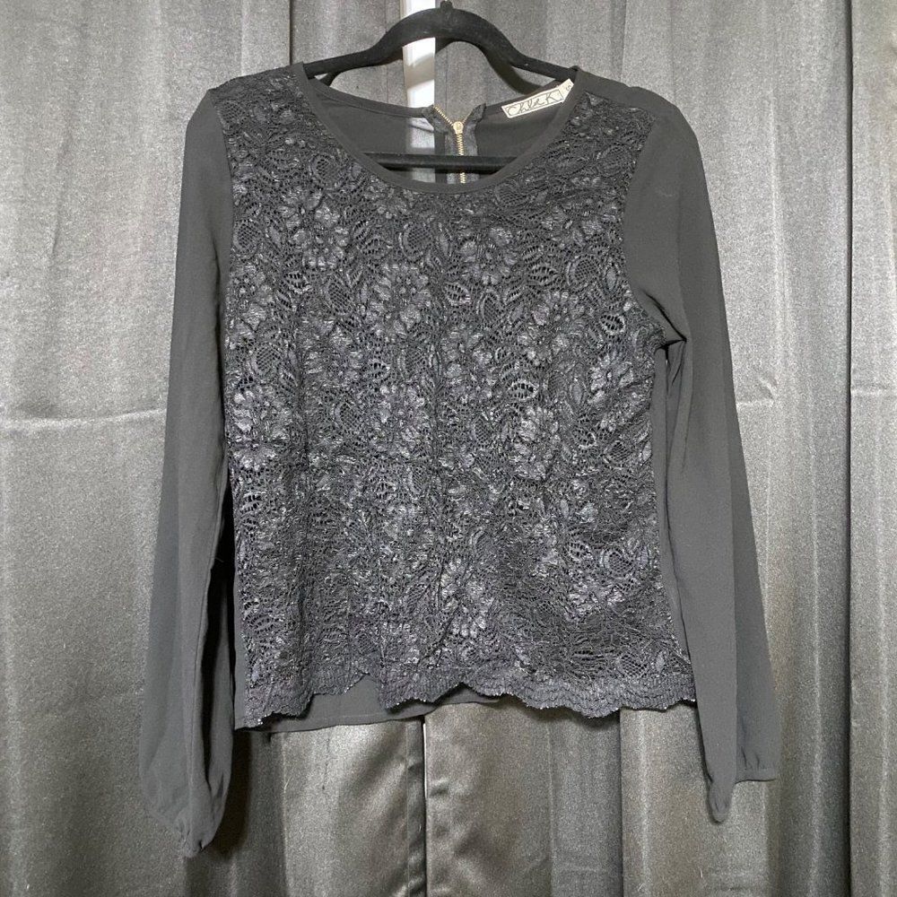 Chloe K black long sleeve sheet laced blouse, zippered back